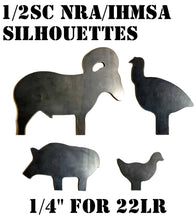 Load image into Gallery viewer, 1/2sc 1/4" Mild Steel 22LR NRA/IHMSA Metallic Silhouette Target Swinger Plates (124-PLATES-14IN)