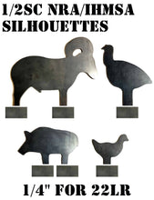 Load image into Gallery viewer, A set of 1/2 scale metallic silhouette targets for shooting practice, including shapes of a ram, turkey, pig, and chicken with 2x4 bases, made from 1/4 inch thick A36 steel, intended for use with 22LR rifles.