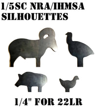 Load image into Gallery viewer, Set of four 1/5 scale metallic silhouette targets for 22LR rifle and pistol shooting, including shapes of a ram, turkey, pig, and chicken.