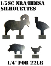 Load image into Gallery viewer, A set of 1/5 scale metallic silhouette targets for shooting practice, including shapes of a ram, turkey, pig, and chicken with 1x2 bases, made from 1/4 inch thick A36 steel, intended for use with 22LR rifles.