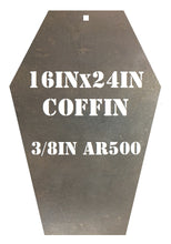 Load image into Gallery viewer, 3/8in AR500 16inx24in Coffin Silhouette Steel Target with hole for mounting used in Cowboy Action