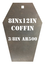 Load image into Gallery viewer, 3/8in AR500 8inx12in Coffin Silhouette Steel Target with hole for mounting used in Cowboy Action