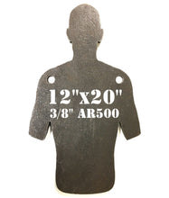 Load image into Gallery viewer, 3/8in AR500 12inx20in Combatant Silhouette Steel Target with two holes for mounting