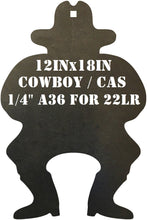 Load image into Gallery viewer, 1/4in A36 12inx18in Cowboy Silhouette Mild Steel Target with hole for mounting used in Cowboy Action, intended for 22LR