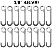 Load image into Gallery viewer, A set of 16 6in tall metal hooks made from 3/8" thick AR500 steel plate designed for hanging targets on 3/4in EMT Conduit or 1in Pipe Tube.
