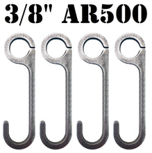 Load image into Gallery viewer, A set of 4 6in tall metal hooks made from 3/8" thick AR500 steel plate designed for hanging targets on 3/4in EMT Conduit or 1in Pipe Tube.