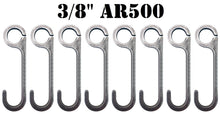 Load image into Gallery viewer, A set of 8 6in tall metal hooks made from 3/8" thick AR500 steel plate designed for hanging targets on 3/4in EMT Conduit or 1in Pipe Tube.