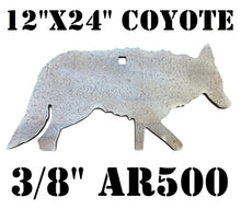 Load image into Gallery viewer, A 12"x24" coyote silhouette made of 3/8in thick AR500 steel with hole for mounting intended for use as a shooting target.
