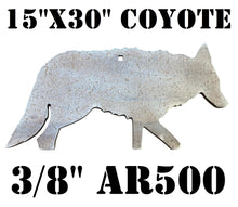 Load image into Gallery viewer, A 15"x30" coyote silhouette made of 3/8in thick AR500 steel with hole for mounting intended for use as a shooting target.