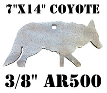 Load image into Gallery viewer, A 7"x14" coyote silhouette made of 3/8in thick AR500 steel with hole for mounting intended for use as a shooting target.