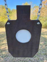 Load image into Gallery viewer, A 12inx20in 3/8in AR500 IDPA Gong with vital hole and center 6in 3/8in AR500 Bullseye Gong with chains and fasteners, hanging against an outdoor background.