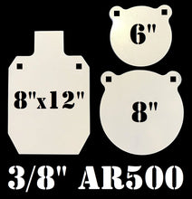 Load image into Gallery viewer, Magnum Target 3/8" AR500 Steel Target Gong 3pc Set 6" 8" and 8"X12" IDPA Shooting Silhouette (GIDPA8X12683WEAR5)
