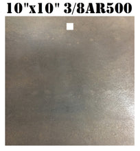 Load image into Gallery viewer, A 10inx10in 3/8in AR500 square steel shooting target with top center mounting hole for mounting, intended for use in shooting practice.