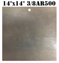 Load image into Gallery viewer, A 14inx14in 3/8in AR500 square steel shooting target with top center mounting hole for mounting, intended for use in shooting practice.