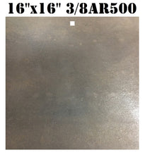 Load image into Gallery viewer, A 16inx16in 3/8in AR500 square steel shooting target with top center mounting hole for mounting, intended for use in shooting practice.