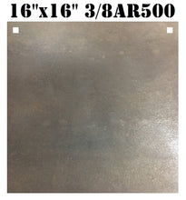 Load image into Gallery viewer, A 16inx16in 3/8in AR500 square steel shooting target with two holes for mounting, intended for use in shooting practice.