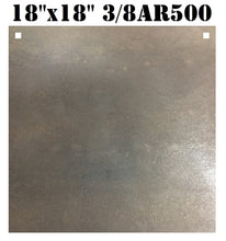 Load image into Gallery viewer, A 18inx18in 3/8in AR500 square steel shooting target with two holes for mounting, intended for use in shooting practice.