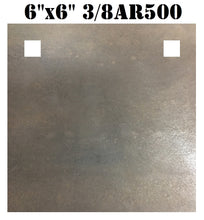 Load image into Gallery viewer, A 6inx6in 3/8in AR500 square steel shooting target with two holes for mounting, intended for use in shooting practice.