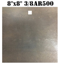 Load image into Gallery viewer, A 8inx8in 3/8in AR500 square steel shooting target with top center mounting hole for mounting, intended for use in shooting practice.
