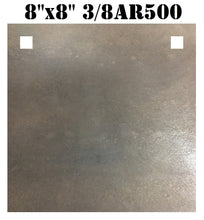 Load image into Gallery viewer, A 8inx8in 3/8in AR500 square steel shooting target with two holes for mounting, intended for use in shooting practice.