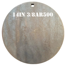 Load image into Gallery viewer, A 3/8in AR500 14in round steel shooting target silhouette with top center hole for mounting, intended for use in shooting practice.