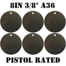Load image into Gallery viewer, Magnum Target 8in PISTOL ONLY Round NRA Target - 3/8in. Mild Steel Hangers - 6pc. Metal Plate Set (H86)