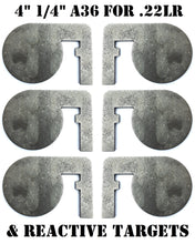 Load image into Gallery viewer, A set of six 4in steel dueling tree paddles for shooting practice, with a thickness of 1/4 inch intended for 22LR