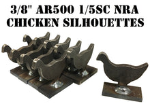 Load image into Gallery viewer, A set of 10 3/8in AR500 chicken silhouette steel targets, welded on metal 1x2 bases, intended for pistol and high powered rifle shooting practice and competition.