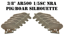 Load image into Gallery viewer, A set of 10 3/8in AR500 pig/boar silhouette steel targets, welded on metal 1x2 bases, intended for pistol and high powered rifle shooting practice and competition.