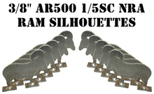 Load image into Gallery viewer, A set of 10 3/8in AR500 ram silhouette steel targets, welded on metal 1x2 bases, intended for pistol and high powered rifle shooting practice and competition.