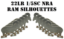 Load image into Gallery viewer, A set of 10 1/4in A36 ram silhouette steel targets, welded on metal 1x2 bases, intended for 22LR pistol and rifle shooting practice and competition.