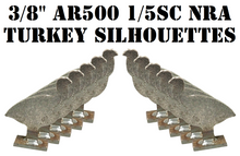 Load image into Gallery viewer, A set of 10 3/8in AR500 turkey silhouette steel targets, welded on metal 1x2 bases, intended for pistol and high powered rifle shooting practice and competition.