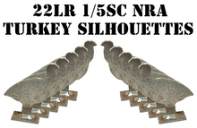 Load image into Gallery viewer, A set of 10 1/4in A36 turkey silhouette steel targets, welded on metal 1x2 bases, intended for 22LR pistol and rifle shooting practice and competition.