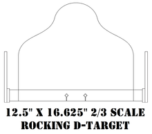 Load image into Gallery viewer, Drawing of a 12.5" x 16.625" 2/3 Scale Rocking D-Target with dimensions and placement of mounting plate and stand legs.