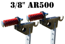 Load image into Gallery viewer, Two spring T-post mounts made of 3/8 inch thick AR500 steel plate with red compression springs and 1/2in fasteners, designed to hold shooting targets.