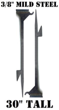 Load image into Gallery viewer, A set of 2 30in tall 3/8in A36 target stands with integrated hook, welded on metal 2inx4in bases, intended to use with knock-over and gong targets for shooting practice and competition.