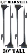 Load image into Gallery viewer, A set of 4 30in tall 3/8in A36 target stands with integrated hook, welded on metal 2inx4in bases, intended to use with knock-over and gong targets for shooting practice and competition.