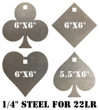 Load image into Gallery viewer, A set of four steel shooting targets with shapes resembling playing card suits: one Club, one Diamond, one Heart, and one Spade, marked with sizes and intended for use with 22LR ammunition.