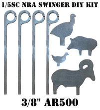 Load image into Gallery viewer, 3/8in AR500 Metal DIY 1/5 scale metallic silhouette animal swinger shapes and four swinging pins on a white background