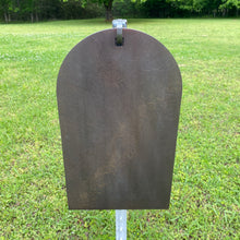 Load image into Gallery viewer, 3/8in AR500 15inx26in Tombstone Silhouette Steel Target outside mounted on a 3/8in AR500 Studded T-Post Hook used in Cowboy Action