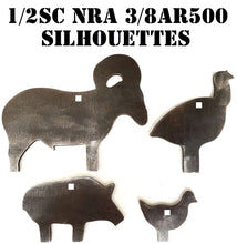 Load image into Gallery viewer, Magnum Target 4pc 3/8&quot; AR500 1/2sc IHMSA/NRA Metallic Silhouette Rifle Steel Shooting Target Gongs w/ (1) or (2) 1/2&quot; Holes
