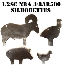 Load image into Gallery viewer, Magnum Target 4pc 3/8&quot; AR500 1/2sc IHMSA/NRA Metallic Silhouette Rifle Steel Shooting Target Gongs w/ (1) or (2) 1/2&quot; Holes
