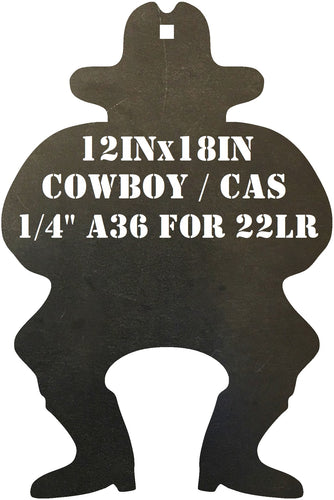 1/4in A36 12inx18in Cowboy Silhouette Mild Steel Target with hole for mounting used in Cowboy Action, intended for 22LR