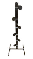 A 6 foot tall 3/8in AR500 metal shooting dueling tree target stand with six 4in paddles designed for reactive shooting practice and competition.