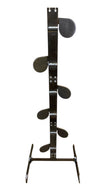 A 6 foot tall 3/8in AR500 metal shooting dueling tree target stand with six 5in paddles designed for reactive shooting practice and competition.