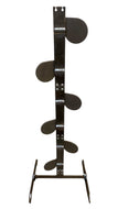 A 6 foot tall 3/8in AR500 metal shooting dueling tree target stand with six 6in paddles designed for reactive shooting practice and competition.