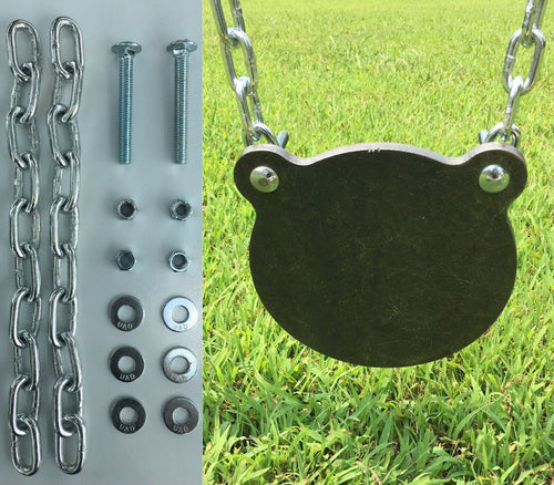 An 8in 3/8in AR500 steel shooting gong target, shown with  chain mounting kit including chains and fasteners, hanging outside above grass.