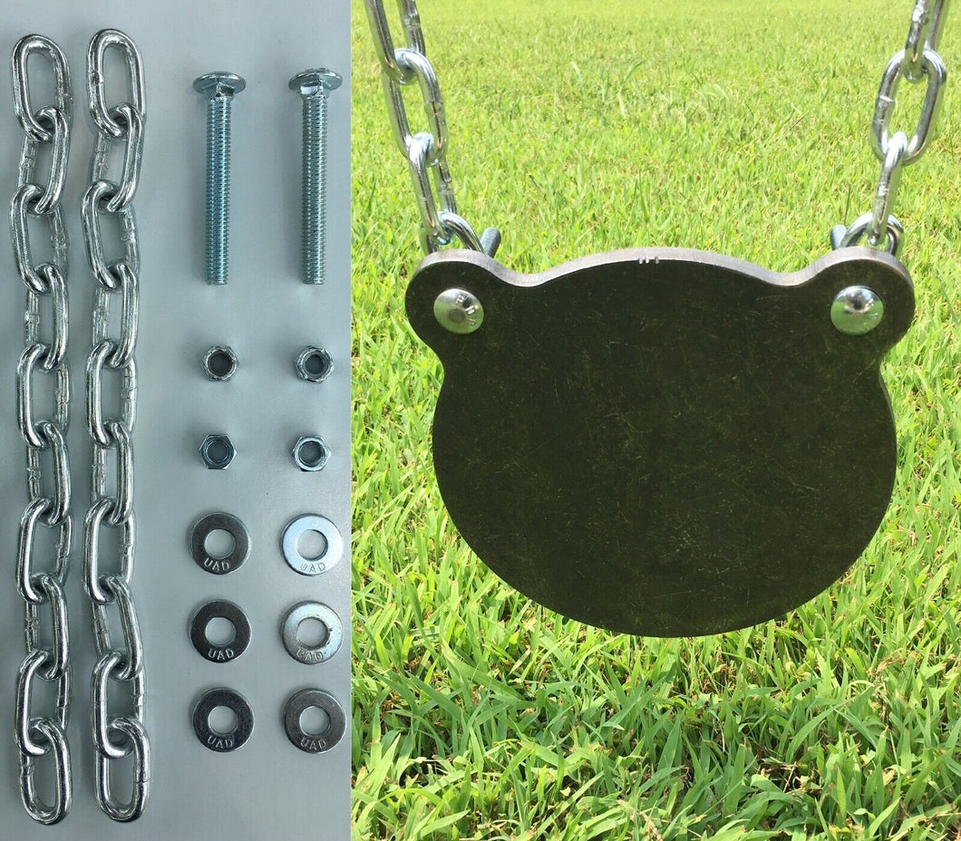 An 8in 3/8in AR500 steel shooting gong target, shown with  chain mounting kit including chains and fasteners, hanging outside above grass.