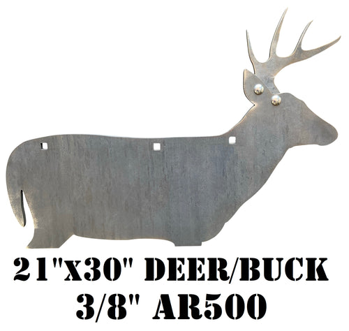 3/8in AR500 21inx30in Metallic deer silhouette with holes for mounting with text indicating size and material on a white background