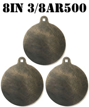 Load image into Gallery viewer, Three 3/8in AR500 8in round NRA steel shooting target silhouette with top center hole for mounting, intended for use in shooting practice.
